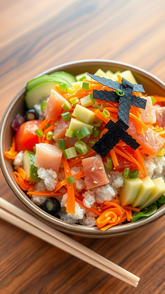 A colorful sushi salad with rice, cucumber, avocado, carrots, fish, garnished with sesame seeds and nori.